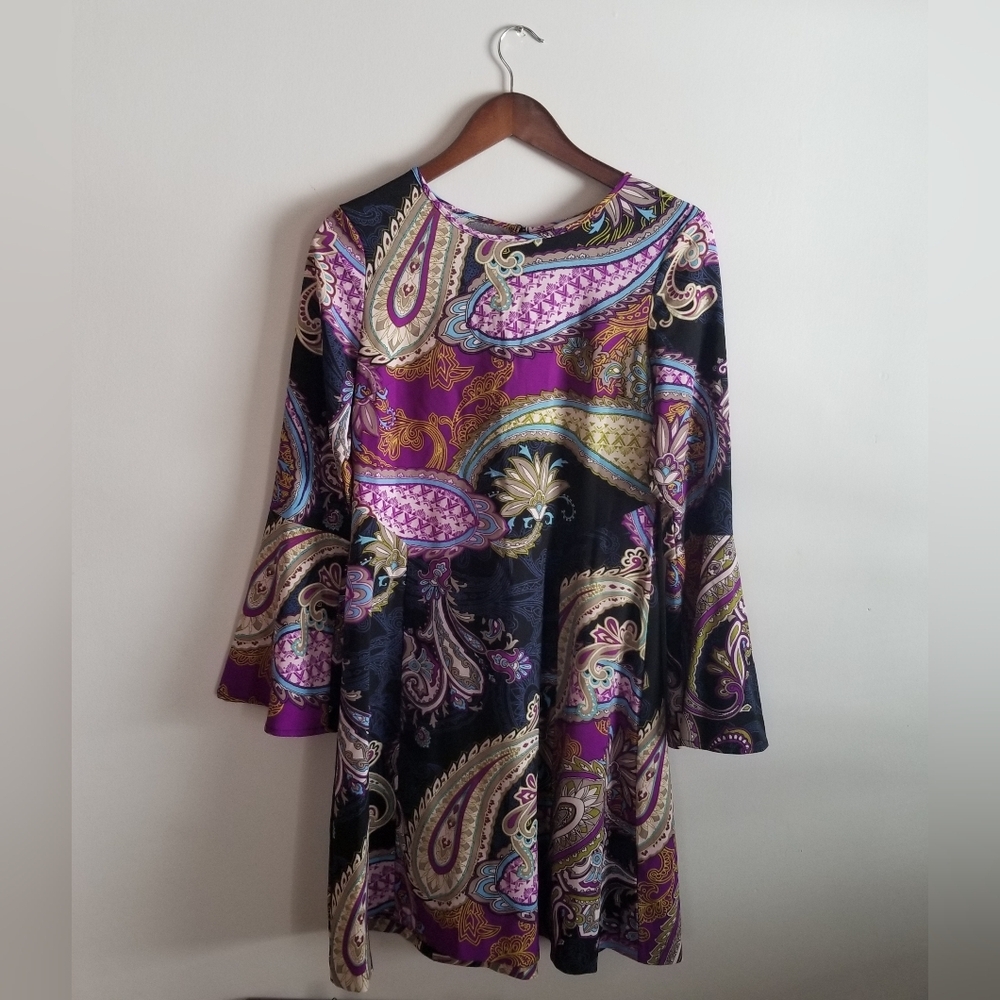 Boho Paisley A-Line Dress With Bell Sleeves Beige By ECI Bright Colorful Pattern